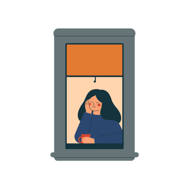 ilustraciones, imágenes clip art, dibujos animados e iconos de stock de mujer triste y solitaria se sienta en casa en un ambiente en cuarentena. - barred windows