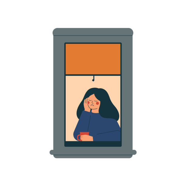 smutna samotna kobieta siedzi w domu w środowisku poddanym kwarantannie. - barred windows stock illustrations