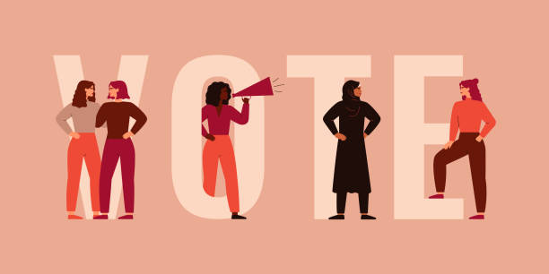 Strong women different nationalities and cultures stand together near the big letters of the word VOTE. Strong girls different nationalities and cultures stand together near the big letters of the word VOTE. Women activists are calling for votes. Voting and Election concept. Pre-election campaign. voting rights stock illustrations