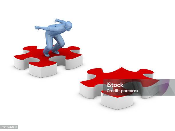 Man Jumping Over Jigsaw Pieces Stock Photo - Download Image Now - Adversity, Characters, Color Image