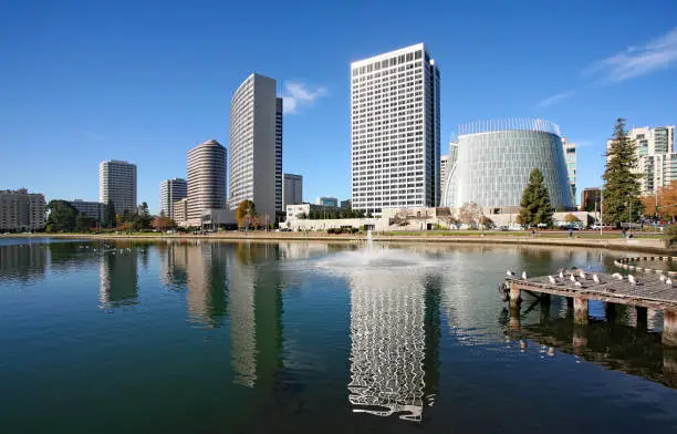 A view of downtown Oakland from Lake Merritt in Oakland, California, United States.