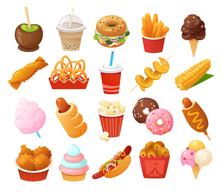 Street food images. Foods you normally find at fun fairs and outdoor festivals. Vector icons.