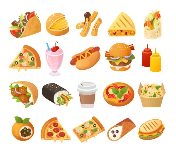 Vector illustration of Street food images. Mexican, USA, Italian and vegetarian cuisines.