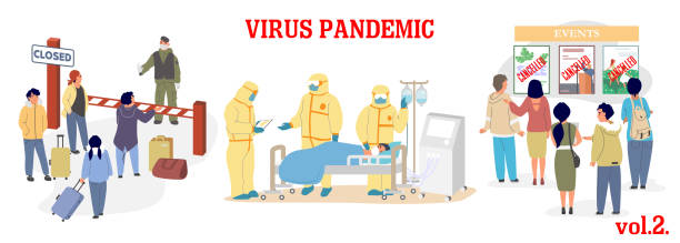 Virus epidemic vector illustration. Coronavirus respiratory disease prevention. Closed borders, ICU room and doctors in protective suits, quarantine and canceled events. Corona virus pandemic. Virus epidemic vector illustration. Coronavirus respiratory disease prevention. Closed borders, ICU room and doctors in protective suits, quarantine and canceled events. Corona virus pandemic doctor borders stock illustrations