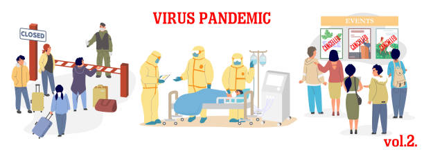 Virus epidemic vector illustration. Coronavirus respiratory disease prevention. Closed borders, ICU room and doctors in protective suits, quarantine and canceled events. Corona virus pandemic. Virus epidemic vector illustration. Coronavirus respiratory disease prevention. Closed borders, ICU room and doctors in protective suits, quarantine and canceled events. Corona virus pandemic ventilator background stock illustrations