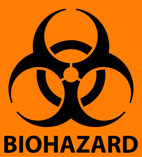 символ biohazard с предупреждающим текстом, изолированным на оранжевом фоне. - danger toxic waste hazardous area sign symbol stock illustrations