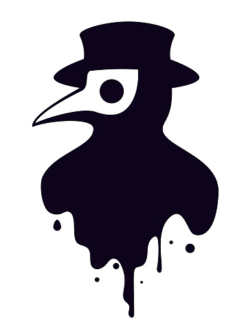 Vector illustration of a plague doctor head profile with a bird mask and a hat, black and white colours.