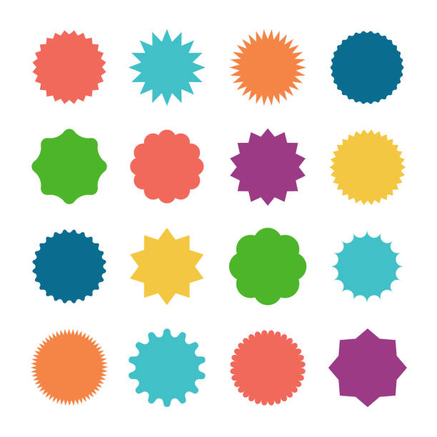 Starburst Sale Stickers Starburst sale sticker. Sunburst price tag, colors silhouettes on white background. rounded star shape stock illustrations