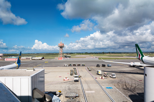 Rome, Italy - Oct 07, 2018: radar tower at Fiumicino airport
