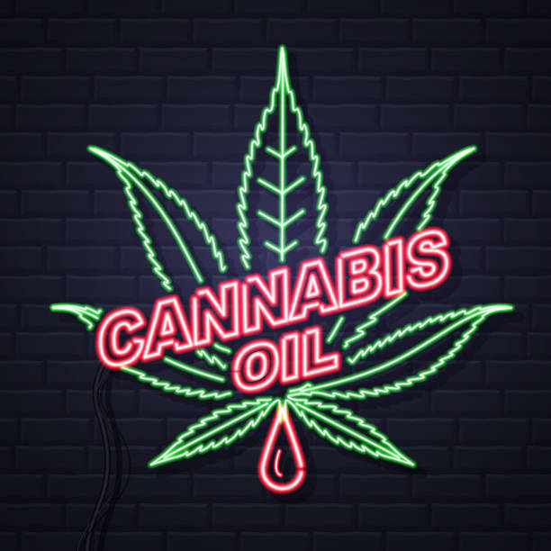 istock Neon Cannabis oil and leaf sign on brick wall background. Helm icon design. 1213682045
