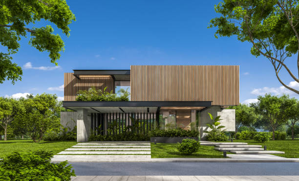istock 3d rendering of modern house with wood plank facade 1213683573