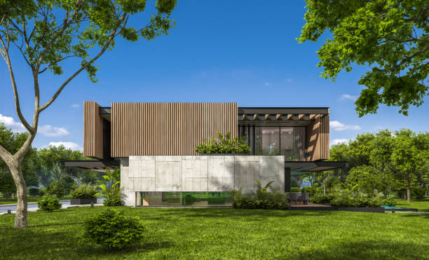 istock 3d rendering of modern house with wood plank facade 1213683626