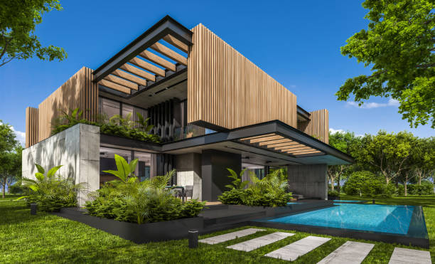 istock 3d rendering of modern house with wood plank facade 1213683681