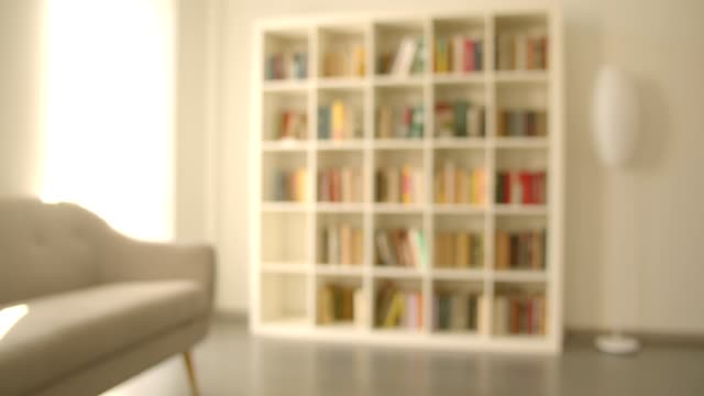 Shoot of the bookshelves with books in the library indoors in the cozy room with blurred background
