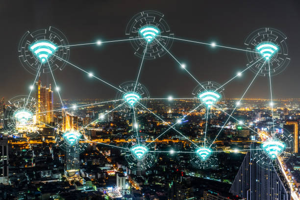 istock Beautiful panorama cityscape with wifi network and connection technology concept, internet globalization concept 1213685119