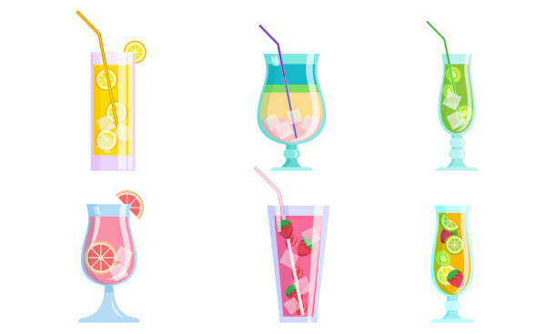 ilustrações de stock, clip art, desenhos animados e ícones de summer cocktail drinks with fruits and ice cubes vector illustration - refreshment