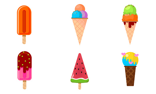Summer ice creams and popsicles of different shapes vector illustration