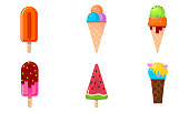 istock Summer ice creams and popsicles of different shapes vector illustration 1213685343