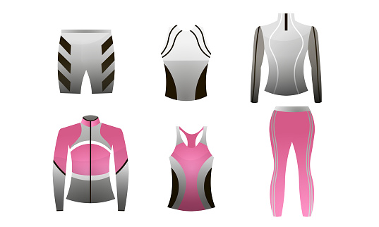 Set of isolated hand drawn different sportswear for trainings for men and women over white background vector illustration. Active lifestyle look concept