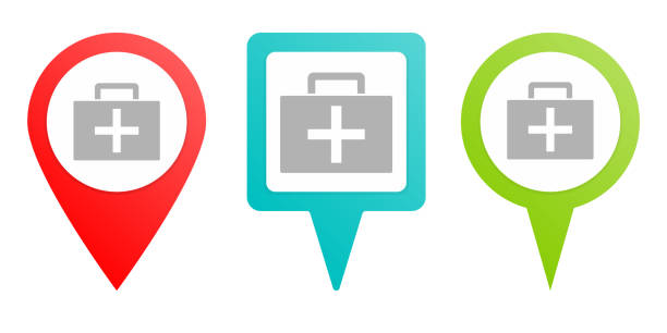 Medic suitcase pin icon. Multicolor pin vector icon Medic suitcase pin icon. Multicolor pin vector icon, diferent type map and navigation point. pain points stock illustrations