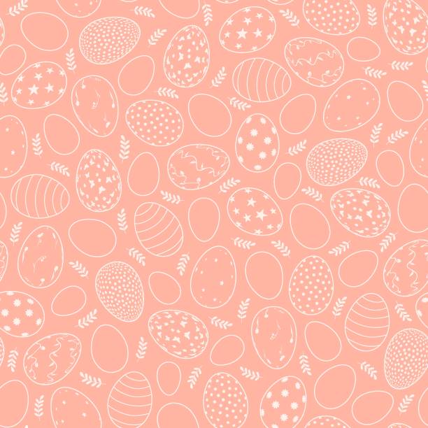 ilustraciones, imágenes clip art, dibujos animados e iconos de stock de patrón sin costuras de pascua con huevos sobre un fondo rosado. - easter background