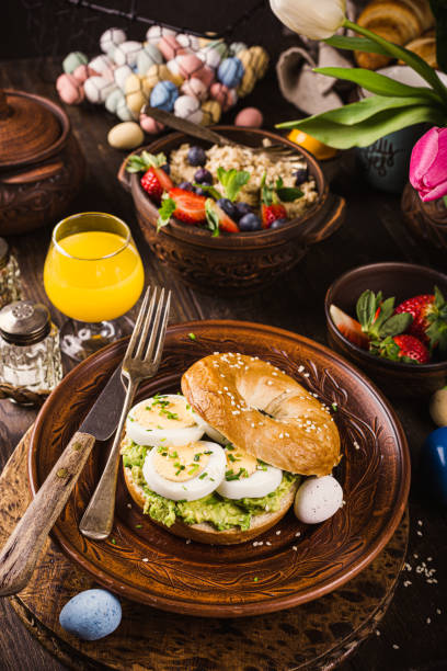 istock Healthy freshly baked bagel filled with eggs 1213690021