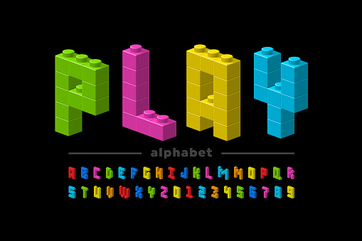 Plastic construction blocks font, alphabet letters and numbers vector illustration