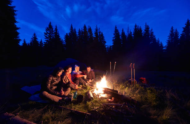istock Tourists sitting near campfire in evening forest. 1213691401