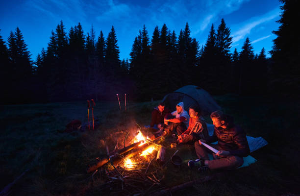 istock Tourists sitting near campfire in evening forest. 1213691412