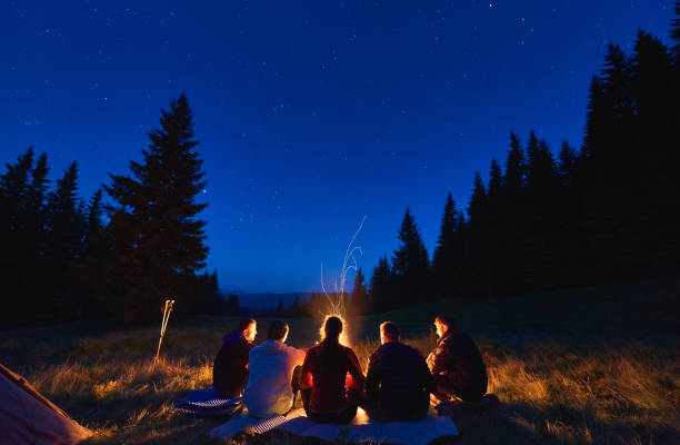 istock Tourists enjoying time near campfire in forest. 1213691418