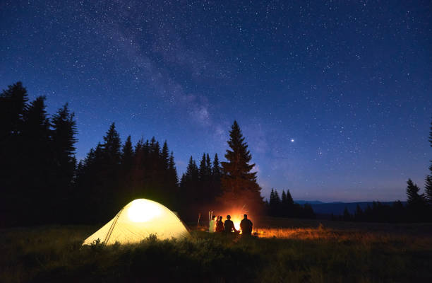 Tourists sitting near campfire under starry sky. Night camping near fire, forest and mountains on background. Group of friends warming up near bright bonfire. People sitting near tourist illuminated tent under night sky full of stars and milky way. outdoor pursuit stock pictures, royalty-free photos & images