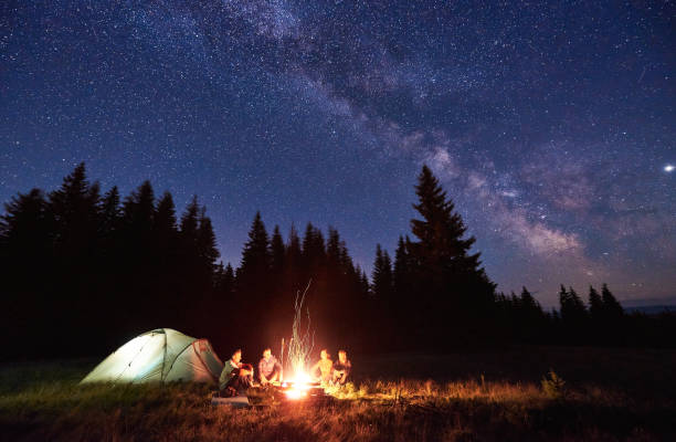 istock Tourists sitting around bonfire in night forest. 1213691473