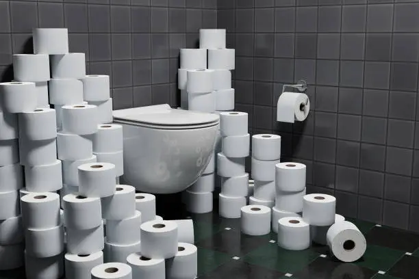 3d render: Concept Hoarding of Toilet paper because of corona crisis or other events.