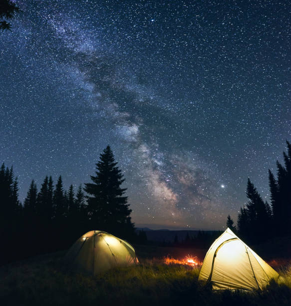 istock Night camp with burning bonfire and two tents in pine forest under bright starry sky on which the Milky Way 1213691668
