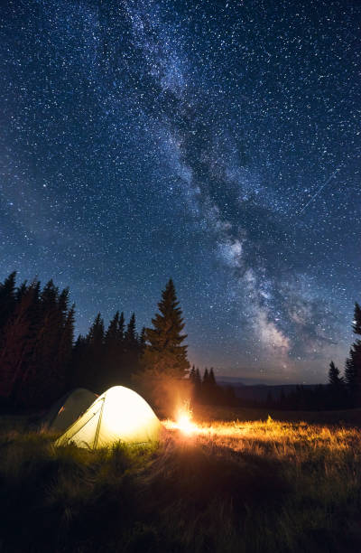 istock Burning bonfire and tents under bright starry sky on which the Milky Way is clearly visible. Magical sky 1213691699
