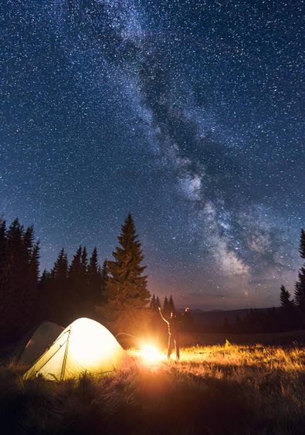 istock Tourist raising hands near campfire in night forest. 1213691763