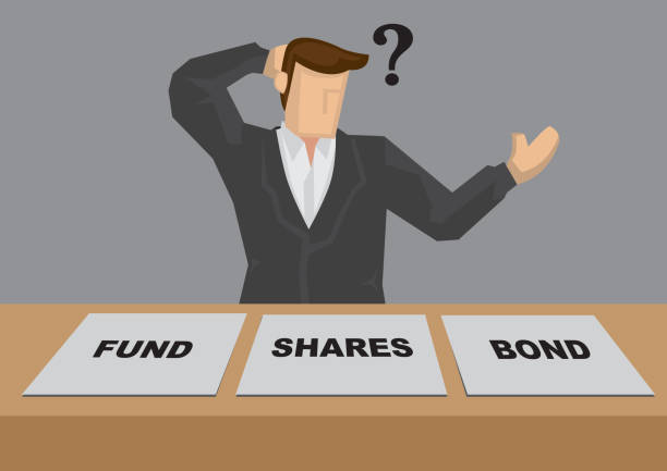 How to Allocate Investment Fund Cartoon Vector Illustration Businessman with question mark scratching his head behind adds with text - fund, shares and bond. Creative cartoon vector illustration on how to invest and asset allocation concept. allocate stock illustrations