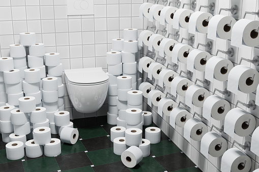 3d render: Concept Hoarding of Toilet paper because of corona crisis or other events.