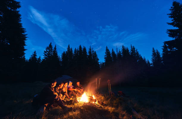 istock Tourists enjoying time near campfire in forest. 1213692209