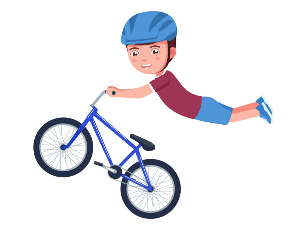 ilustraciones, imágenes clip art, dibujos animados e iconos de stock de niño realiza un truco en el aire en una bicicleta bmx - bmx cycling sport teenagers only teenager