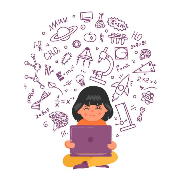Online, distance children education Online, distance children education. Girl working on laptop. Kid with educational doodle. Vector illustration. kids reading clipart stock illustrations