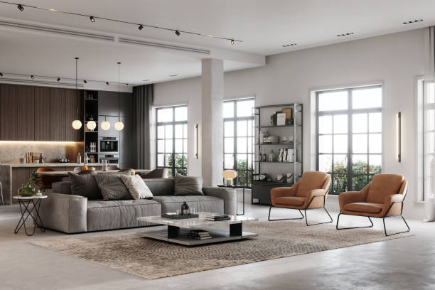 rendering 3d di un soggiorno completamente arredato - loft apartment foto e immagini stock