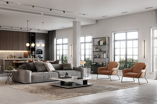 3D rendering of a fully furnished living room. Large and luxurious interiors of a modern living room.