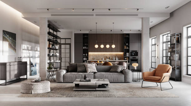 lujoso y moderno salón renderizado 3d - loft apartment fotografías e imágenes de stock