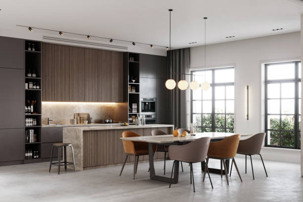 rendering 3d di una cucina e di una sala da pranzo in un soggiorno - house luxury home interior domestic kitchen foto e immagini stock