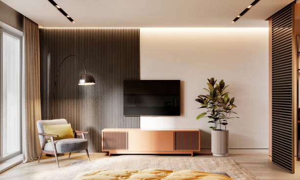 고급스러운 침실 인테리어의 3d 렌더링 - contemporary furniture 뉴스 사진 이미지