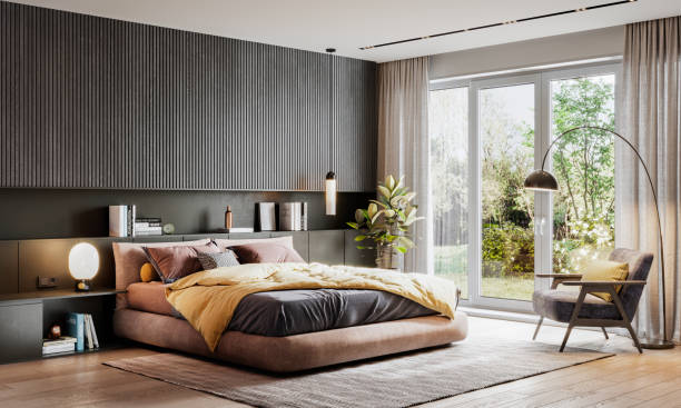 representación 3d de un elegante dormitorio - window contemporary showcase interior architecture fotografías e imágenes de stock
