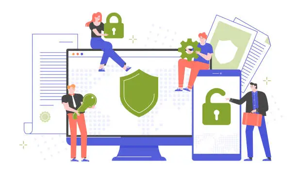 Vector illustration of Cybersecurity, secure passwords and site registration.