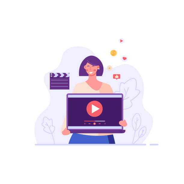 istock Woman with laptop using and watching streaming service with clapper. Streaming cinema concept. Concept of video marketing, online cinema. Vector illustration for UI, web banner, mobile app 1213696939