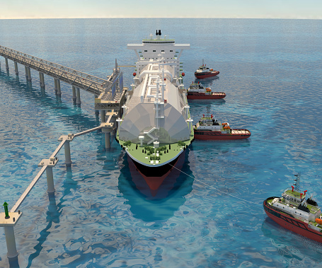 Berthing of the Tanker Ship to the Berth with the help of Tugs boat. 3d rendering.
